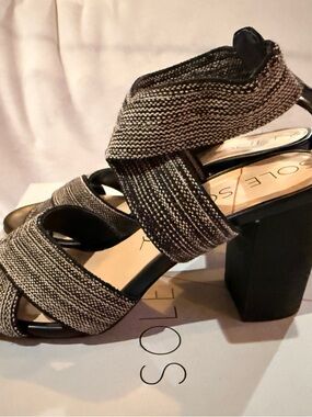 Sole Society Josey Women’s Black and Cream Strappy Block Heel Sandals